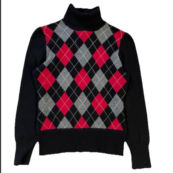 Apt 9 100% Cashmere Turtleneck Sweater Black Red Argyle Womens Large - Picture 1 of 4
